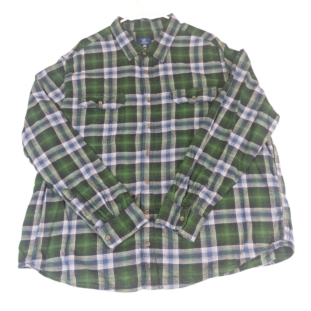George Mens 2XL‎ Green Plaid Flannel Long Sleeve Button Down Shirt Pockets